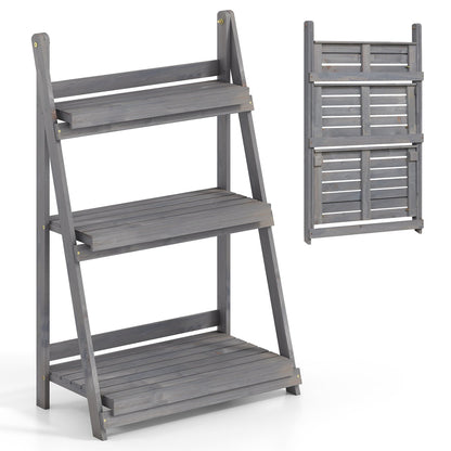 3-Tier Foldable Plant Stand with Slatted Shelves DirectDeals gray wood; foldable, two views on Tampa Home & Garden Store