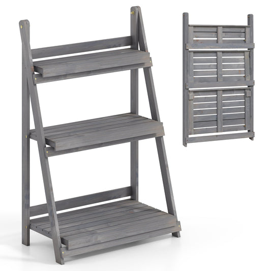 3-Tier Foldable Plant Stand with Slatted Shelves DirectDeals gray wood; foldable, two views on Tampa Home & Garden Store