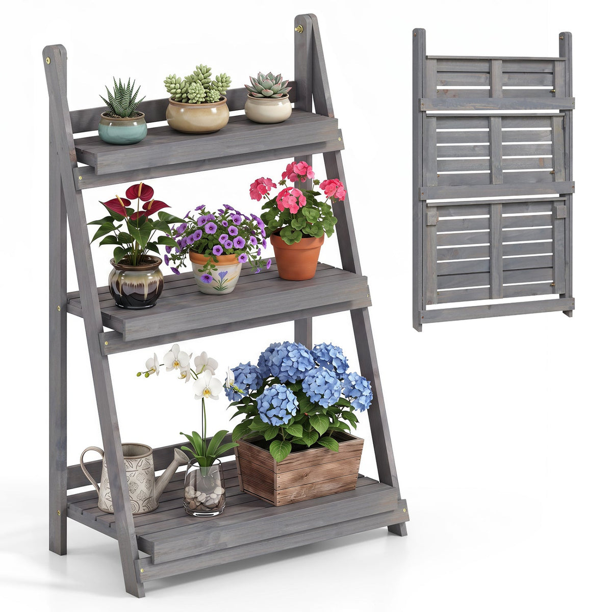 3-Tier Foldable Plant Stand with Slatted Shelves gray wood by DirectDeals on Tampa Home & Garden Store