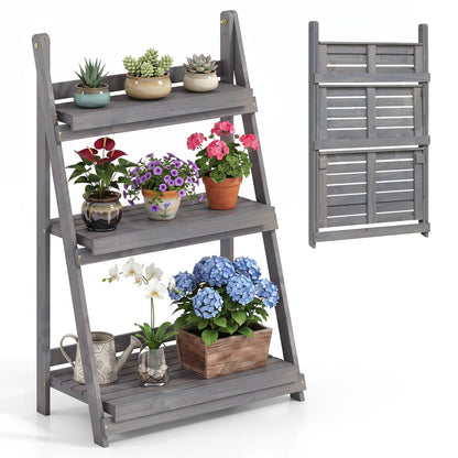 3-Tier Foldable Plant Stand with Slatted Shelves gray wood by DirectDeals on Tampa Home & Garden Store