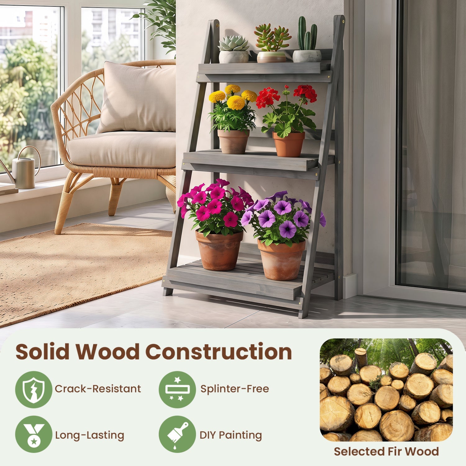 DirectDeals 3-Tier Foldable Plant Stand with Slatted Shelves in gray wood, holds potted flowers on Tampa Home & Garden Store