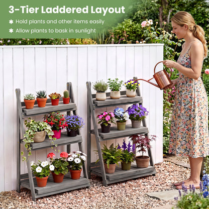 3-Tier foldable plant stand with slatted gray shelves holding multiple potted plants on Tampa Home & Garden Store