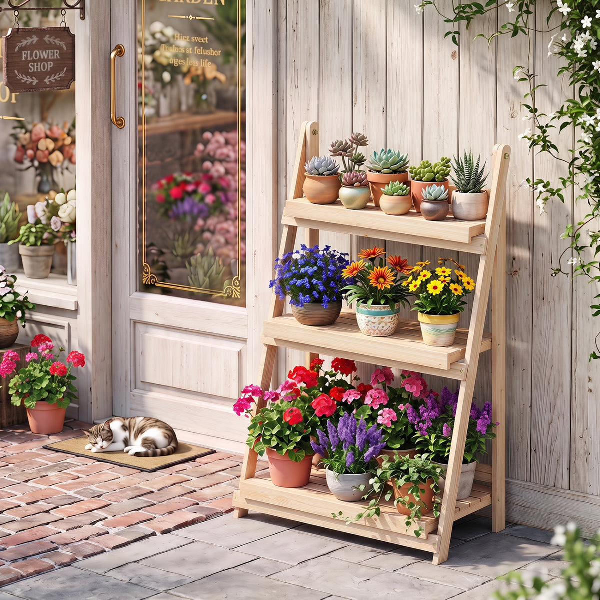 3-Tier Foldable Plant Stand with Shelves DirectDeals holding succulents atop and blooms below on Tampa Home & Garden Store