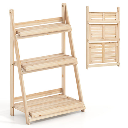 3-Tier Foldable Plant Stand with Slatted Shelves DirectDeals natural pine on Tampa Home & Garden Store