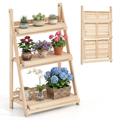 3-Tier Foldable Plant Stand with Slatted Shelves in natural pine, filled with potted plants on Tampa Home & Garden Store