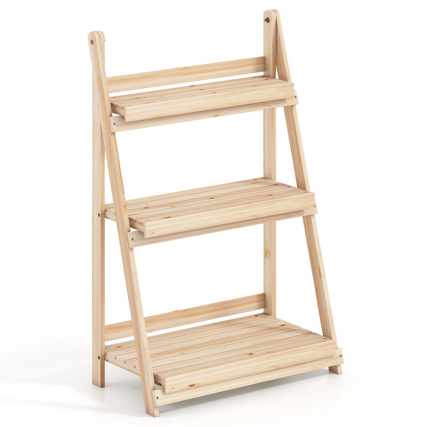 3-Tier Foldable Plant Stand with Slatted Shelves in natural pine DirectDeals on Tampa Home & Garden Store
