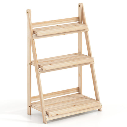 3-Tier Foldable Plant Stand with Slatted Shelves in natural pine DirectDeals on Tampa Home & Garden Store