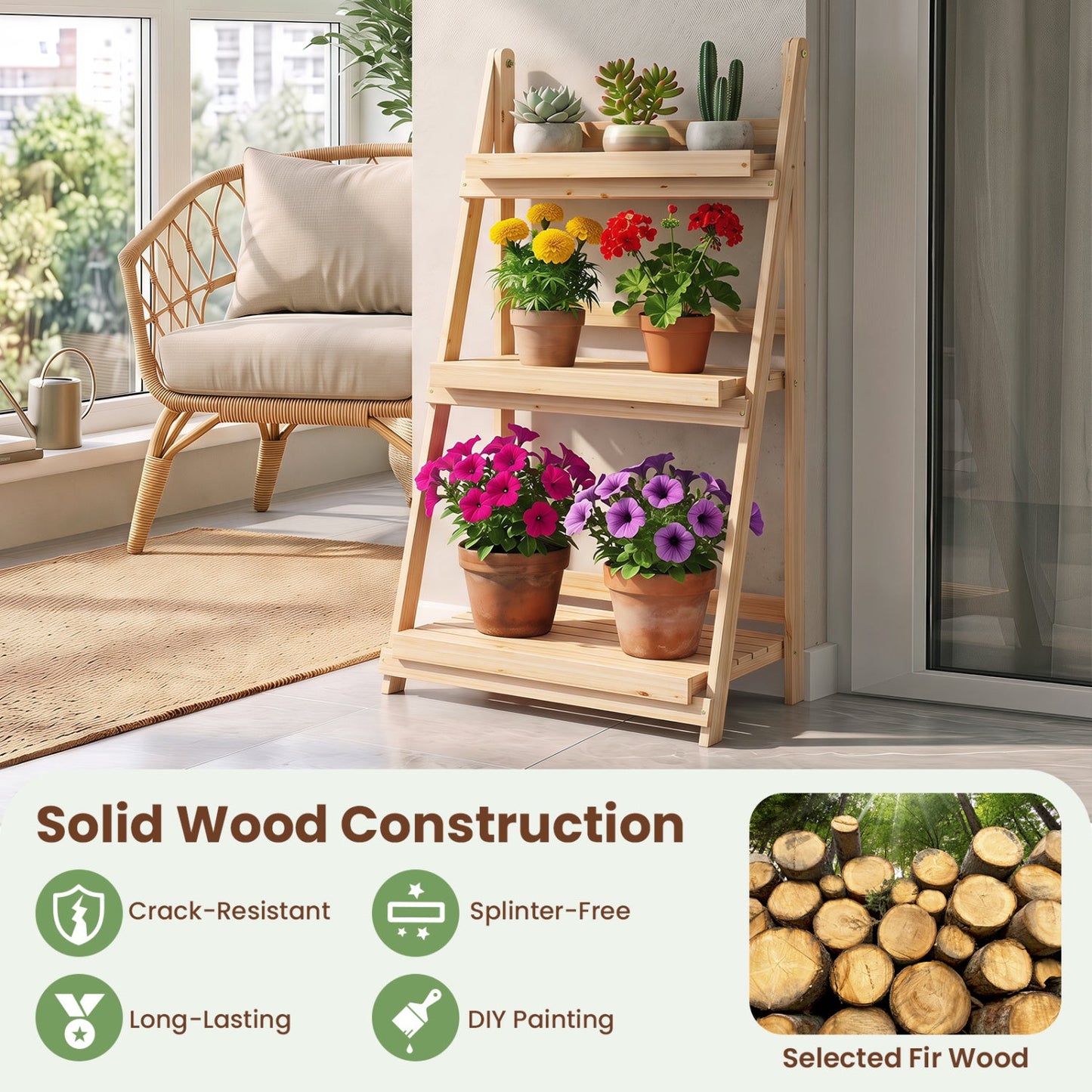 3-Tier Foldable Plant Stand with Slatted Shelves natural wood DirectDeals, with potted plants on Tampa Home & Garden Store