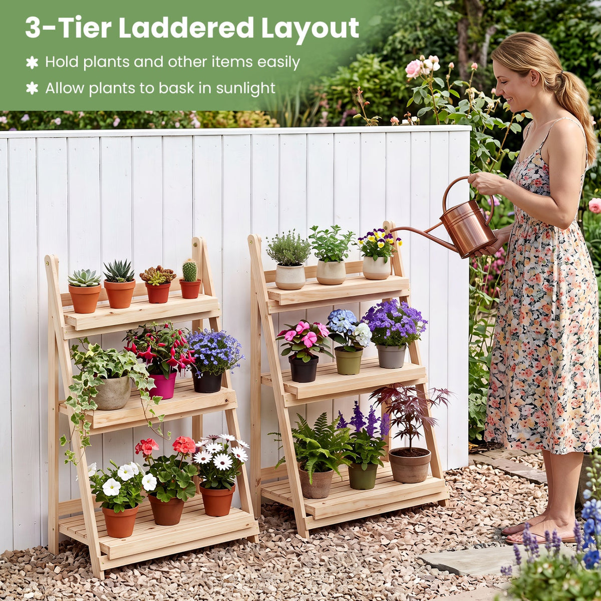 3-Tier Foldable Plant Stand with Slatted Shelves in natural wood, two stands with pots on Tampa Home & Garden Store