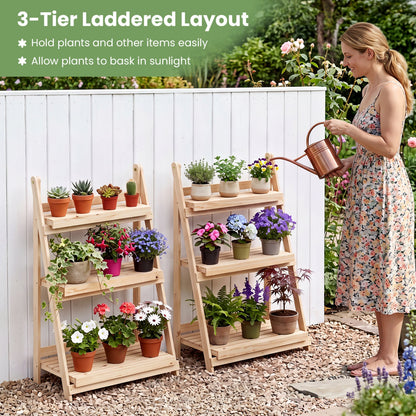 3-Tier Foldable Plant Stand with Slatted Shelves in natural wood, two stands with pots on Tampa Home & Garden Store