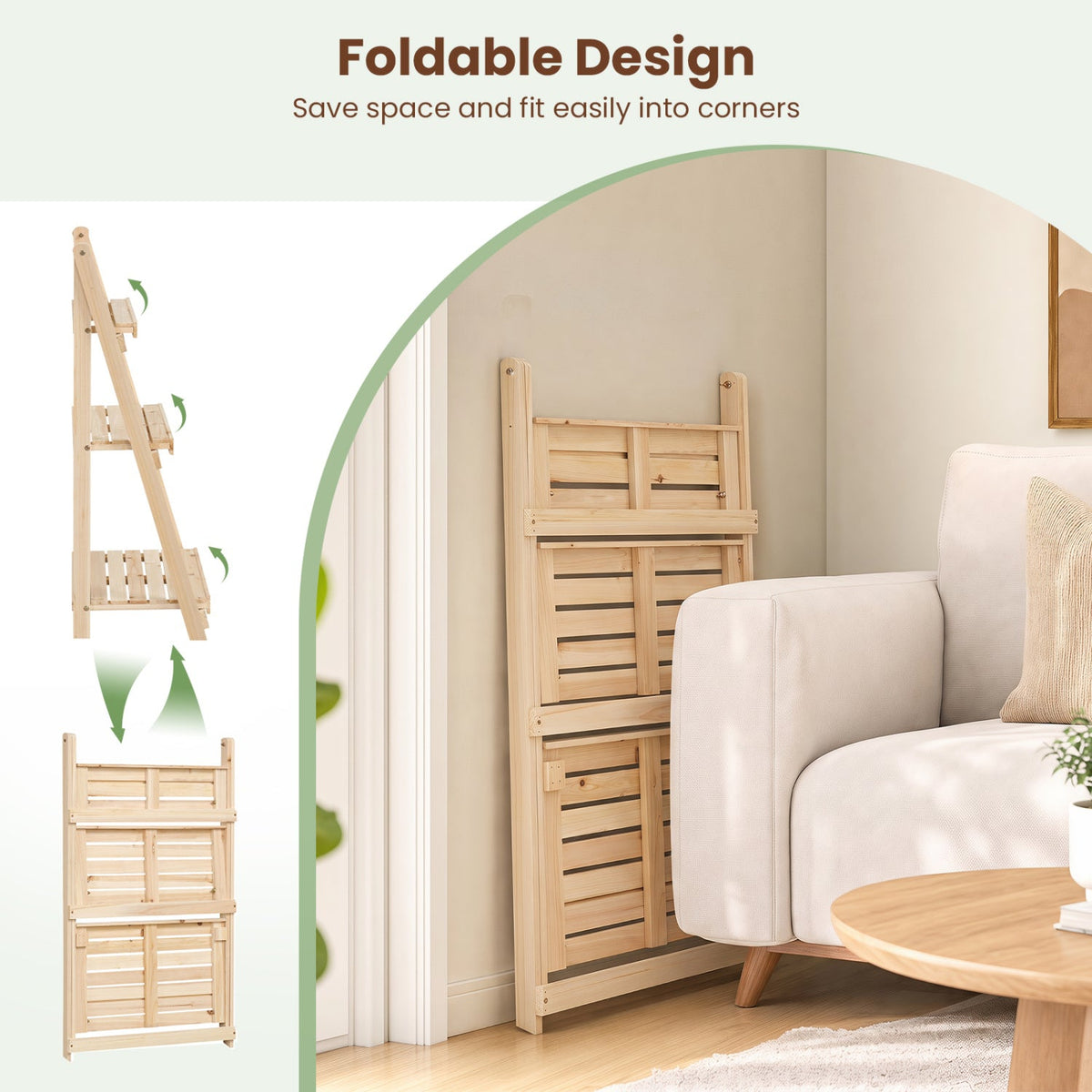 3-Tier Foldable Plant Stand with Slatted Shelves by DirectDeals, natural wood on Tampa Home & Garden Store