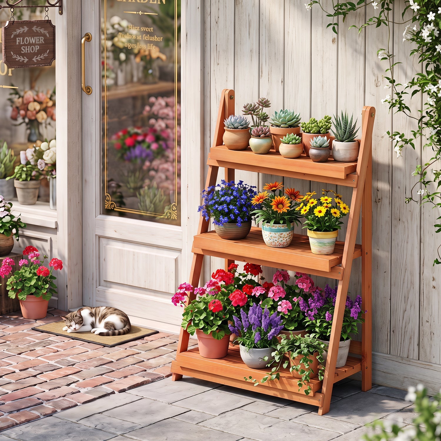 3-Tier Foldable Plant Stand with Slatted Shelves in wood holds succulents DirectDeals on Tampa Home & Garden Store