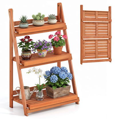 3-Tier Foldable Plant Stand with Slatted Shelves natural wood DirectDeals with potted plants on Tampa Home & Garden Store