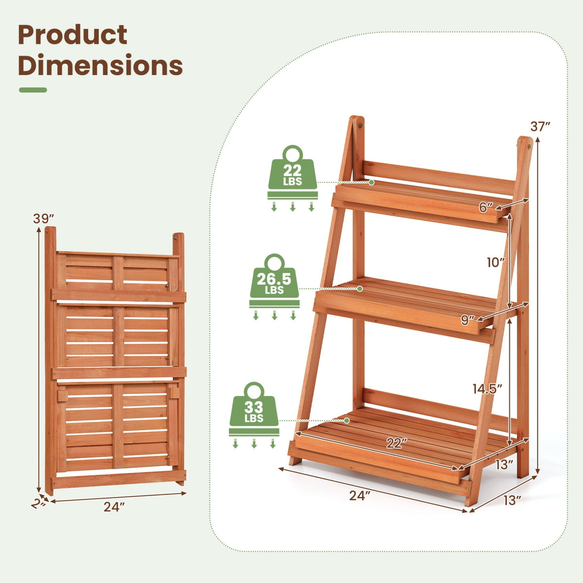 3-Tier Foldable Plant Stand with Slatted Shelves in natural wood finish on Tampa Home & Garden Store