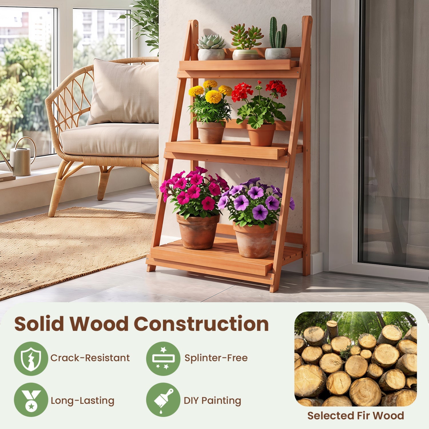 3-tier foldable plant stand in natural wood with slatted shelves hosting succulents and blooms on Tampa Home & Garden Store