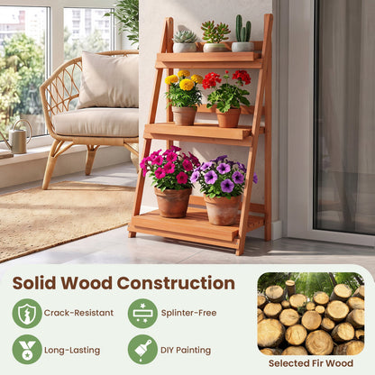 3-tier foldable plant stand in natural wood with slatted shelves hosting succulents and blooms on Tampa Home & Garden Store