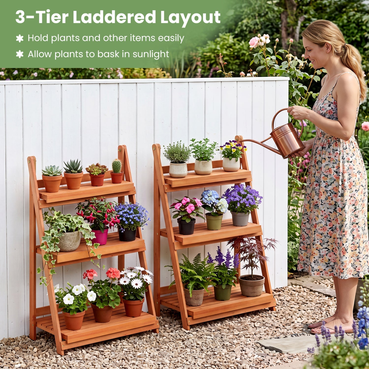 3-Tier Foldable Plant Stand with Slatted Shelves in natural wood; two stands holding plants on Tampa Home & Garden Store