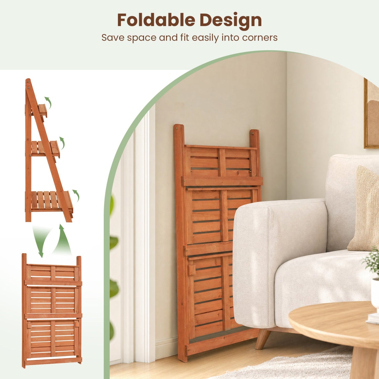 3-Tier Foldable Plant Stand with Slatted Shelves, wooden finish, DirectDeals on Tampa Home & Garden Store