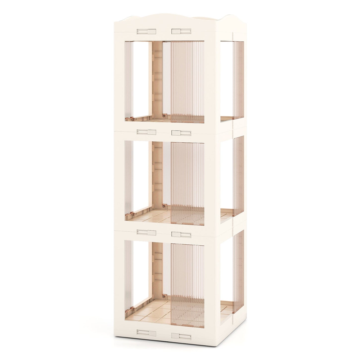 3-Tier Foldable Rotating Bookshelf with Swivel Base and Translucent Panels-White