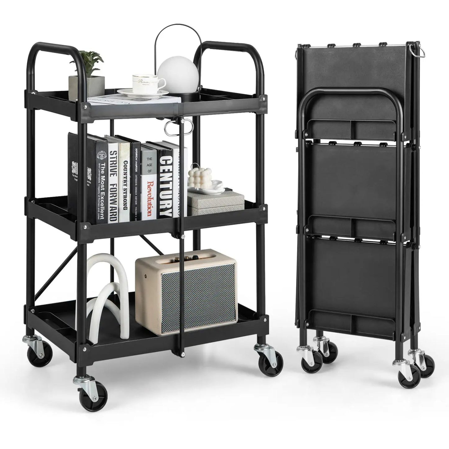 Three Tier Folding Utility Cart Wheels Heavy Duty
