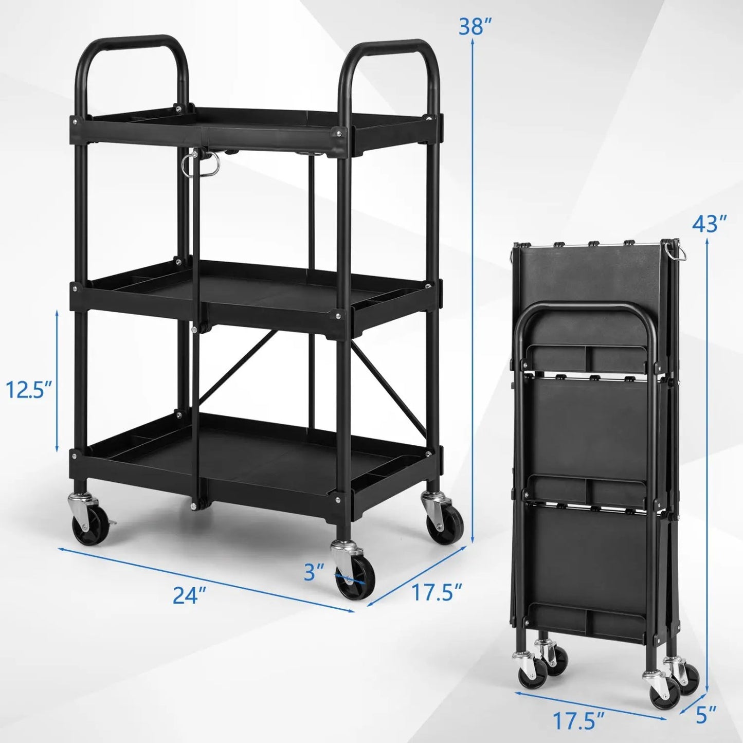 Three Tier Folding Utility Cart Wheels Heavy Duty