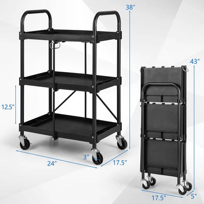 Three Tier Folding Utility Cart Wheels Heavy Duty
