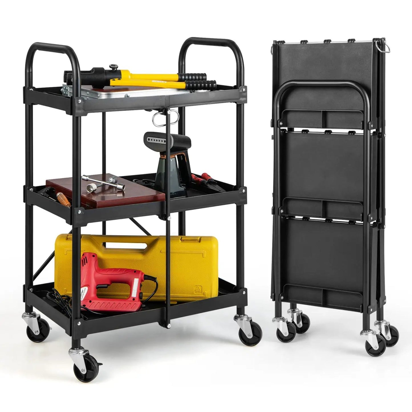 Three Tier Folding Utility Cart Wheels Heavy Duty