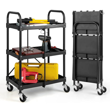 Three Tier Folding Utility Cart Wheels Heavy Duty