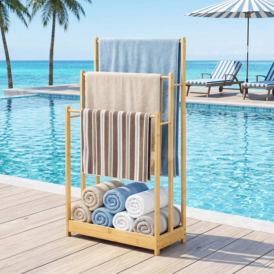 3-Tier Bamboo Towel Rack with Storage Shelf natural bamboo frame holds towels poolside on Tampa Home & Garden Store
