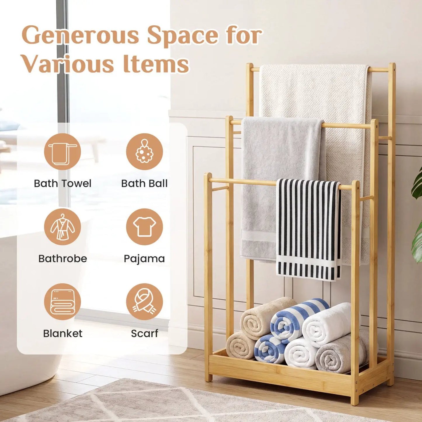 Three Tier Bamboo Towel Rack and Storage Shelf