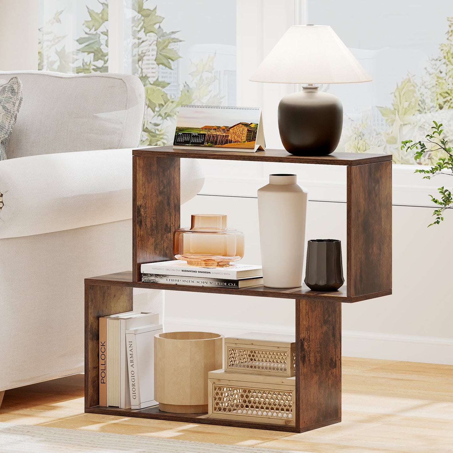 3-Tier Geometric Bookshelf Freestanding Wooden Bookcase with 2 Cubic Compartments-Brown