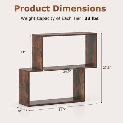 3-Tier Geometric Bookshelf Freestanding Wooden Bookcase with 2 Cubic Compartments-Brown