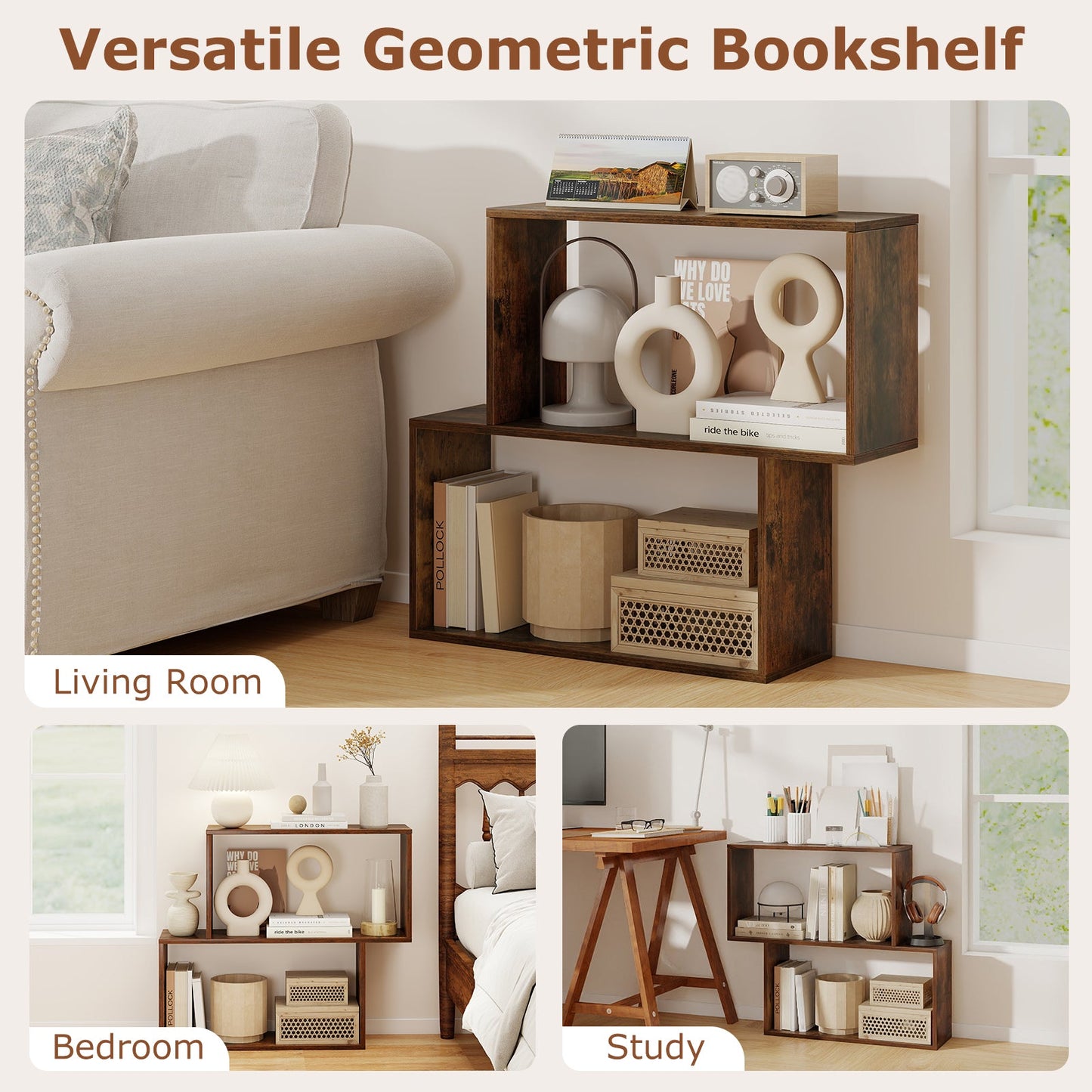 3-Tier Geometric Bookshelf Freestanding Wooden Bookcase with 2 Cubic Compartments-Brown