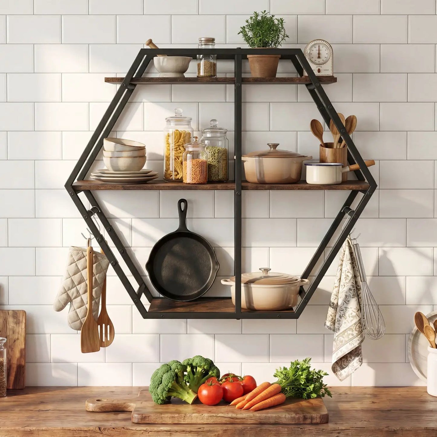 Geometric 3-Tier Bookcase with S-Shaped Hooks