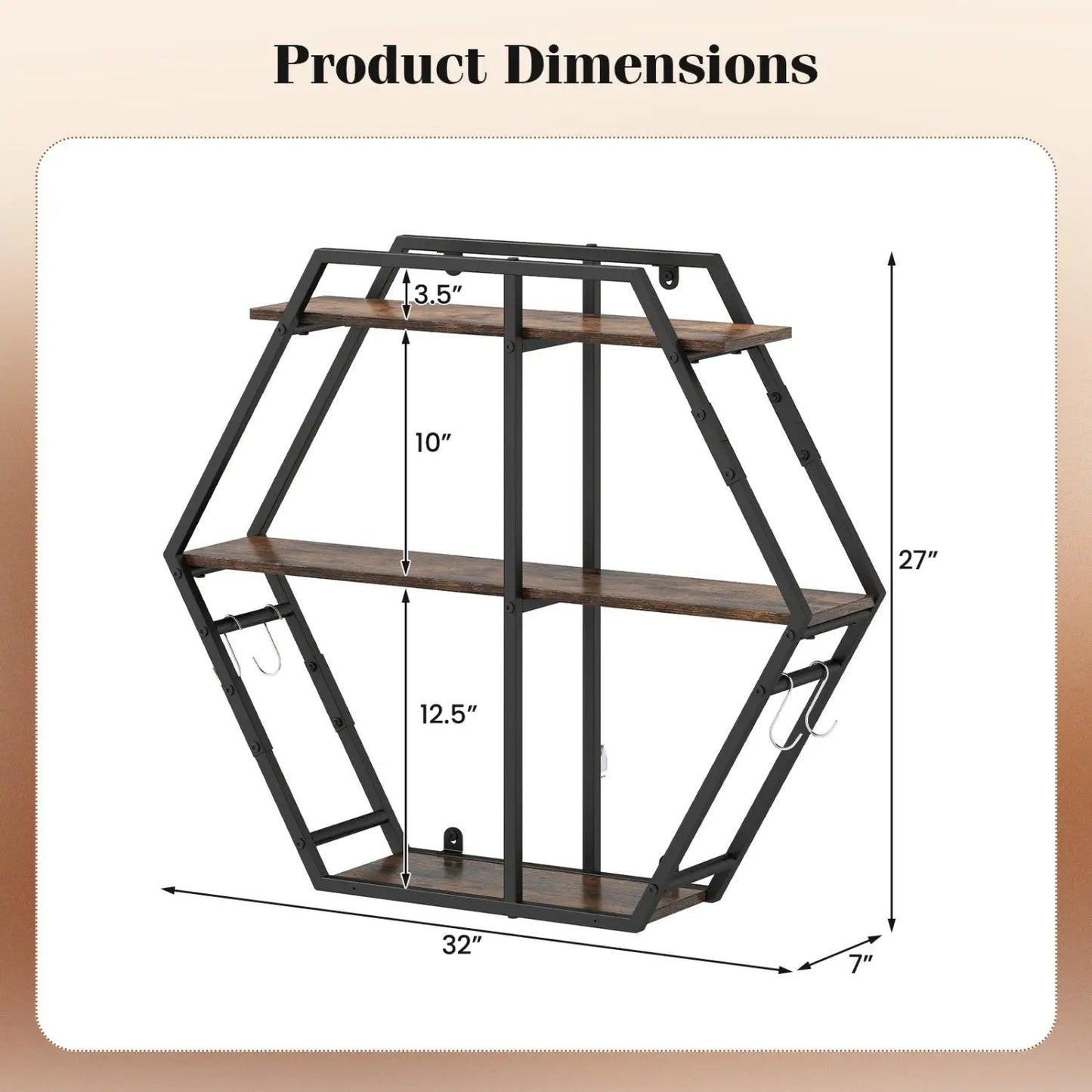 Geometric 3-Tier Bookcase with S-Shaped Hooks