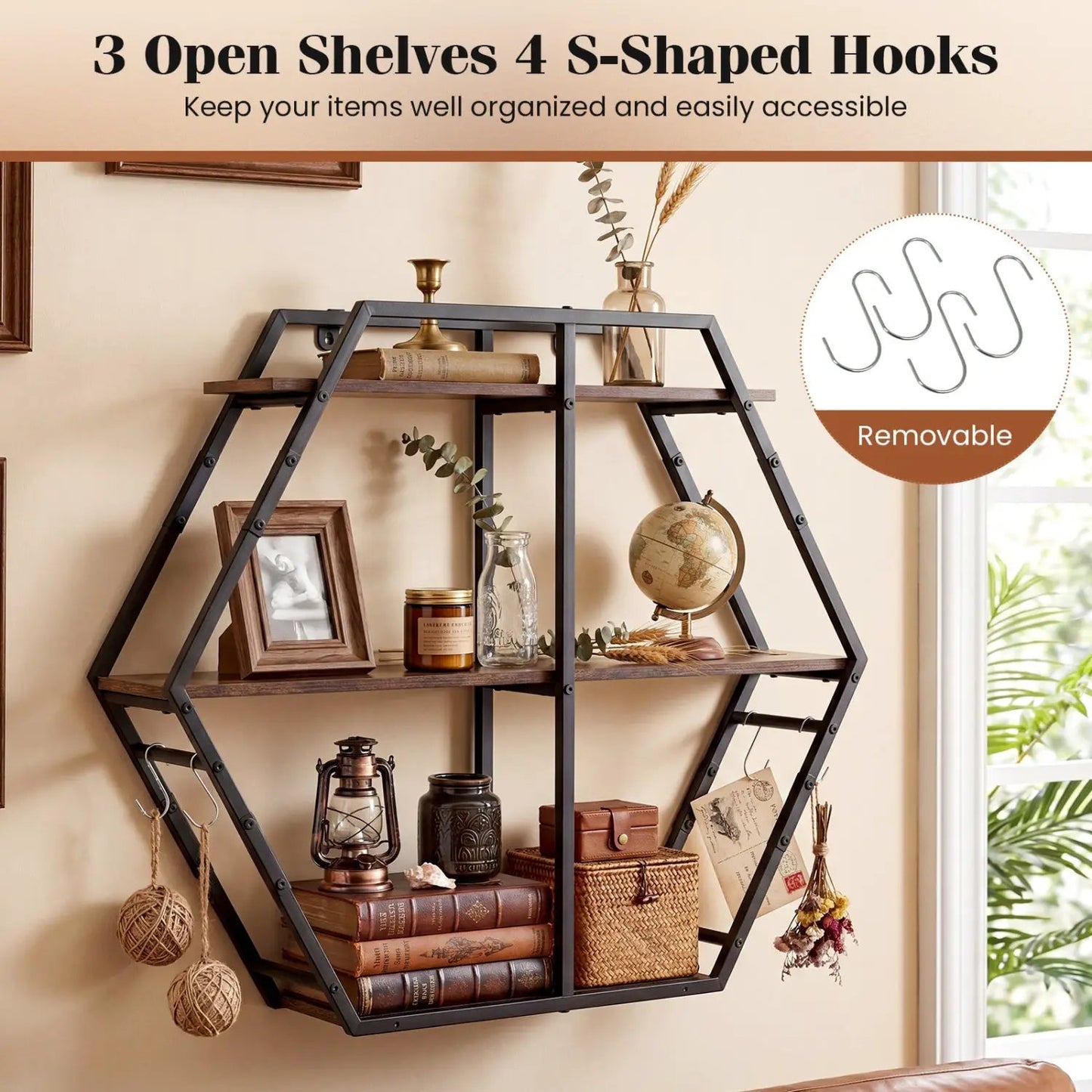 Geometric 3-Tier Bookcase with S-Shaped Hooks