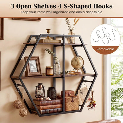 Geometric 3-Tier Bookcase with S-Shaped Hooks