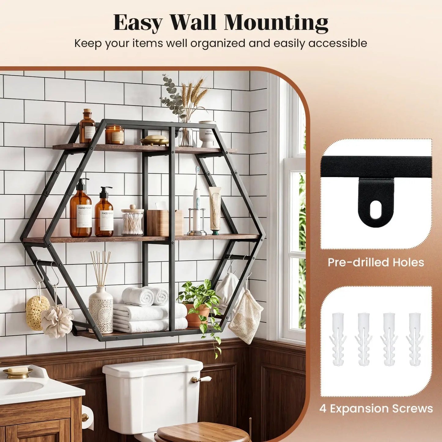 Geometric 3-Tier Bookcase with S-Shaped Hooks