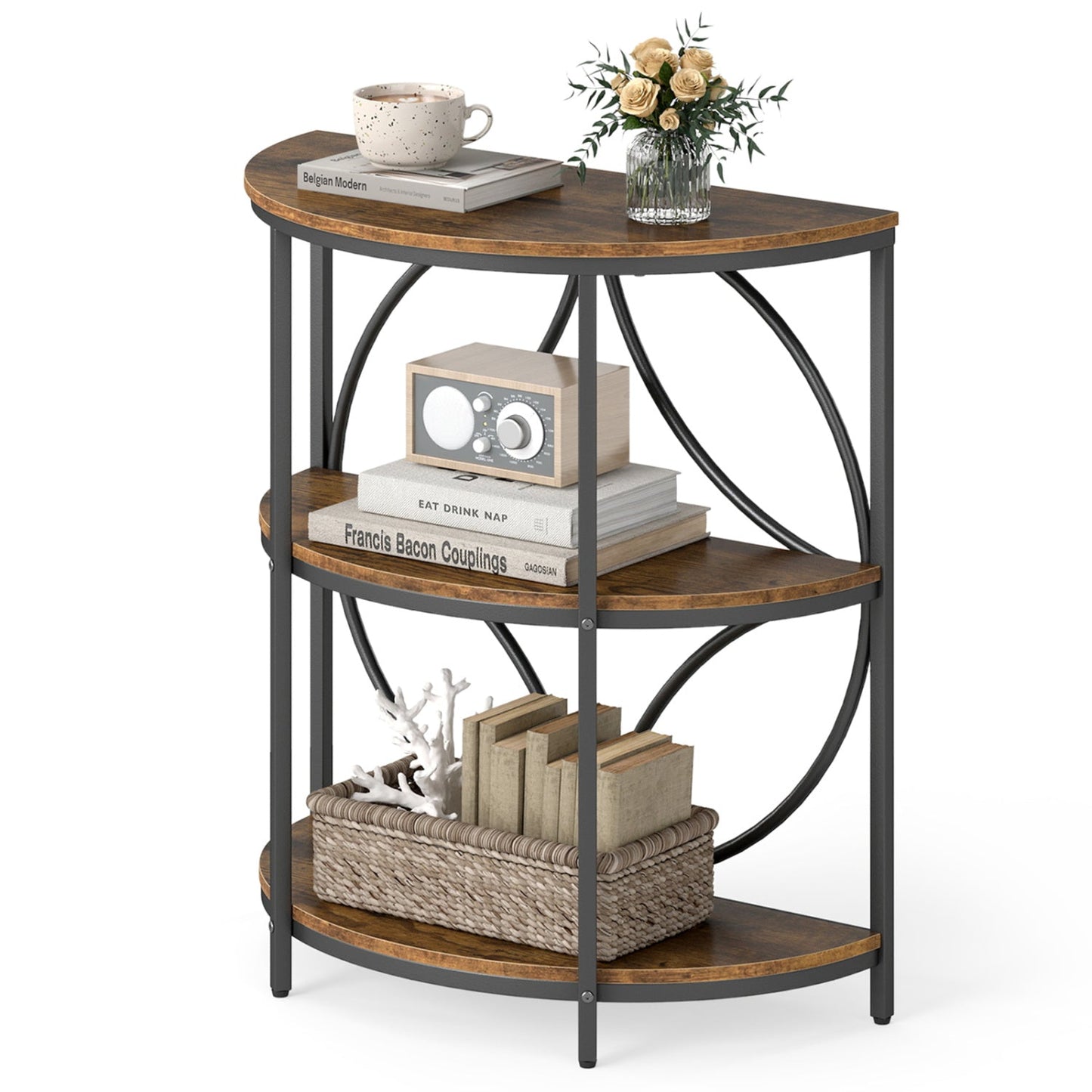 3-Tier Half Round End Table with Study Metal Frame for Living Room