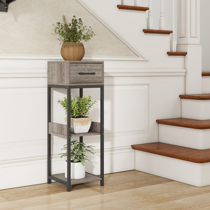 Soporte para Plantas Alto de 3 Niveles con Cajón y Dispositivos Antivuelco - Gris