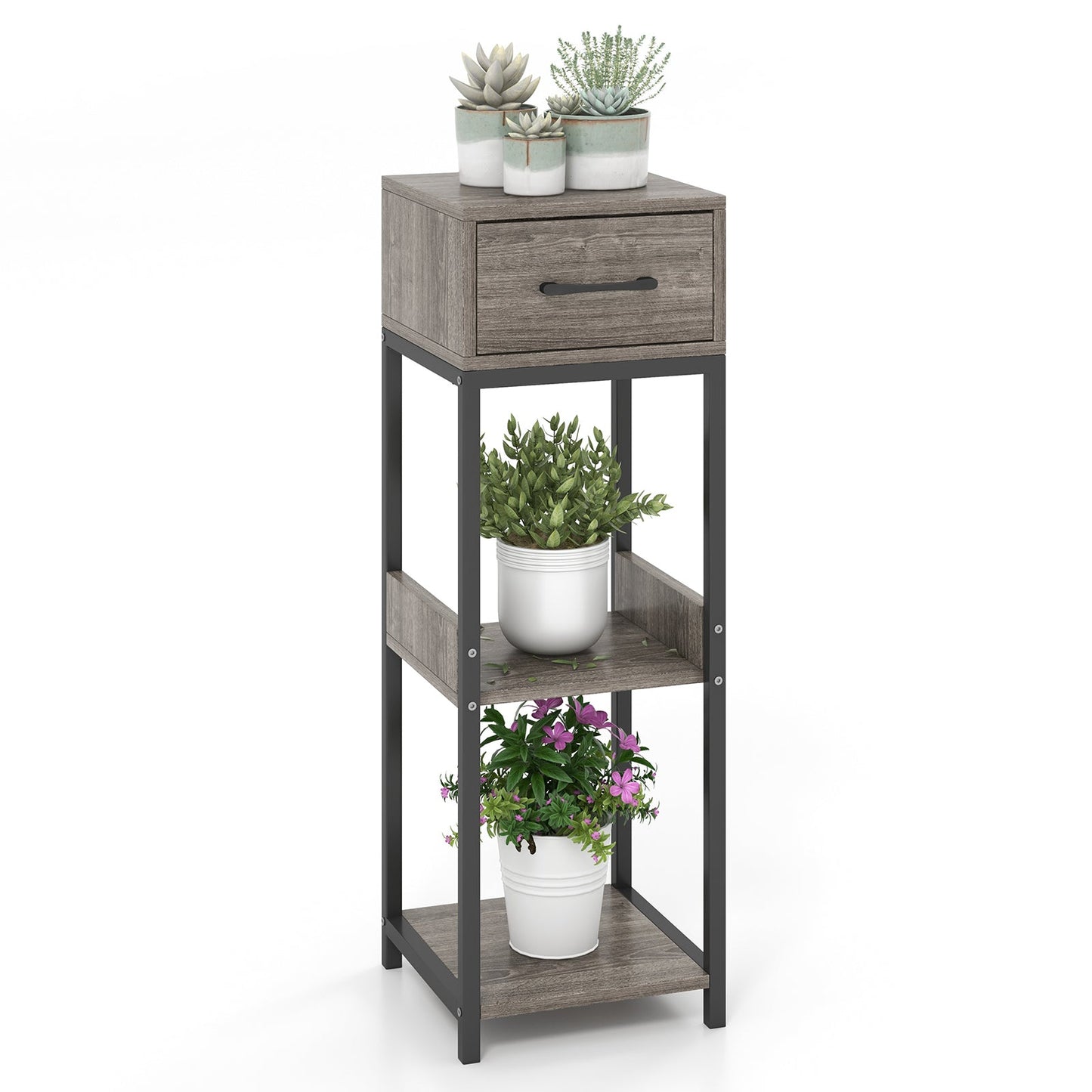 Soporte para Plantas Alto de 3 Niveles con Cajón y Dispositivos Antivuelco - Gris
