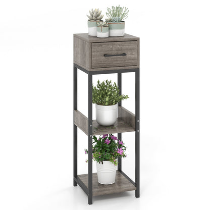 Soporte para Plantas Alto de 3 Niveles con Cajón y Dispositivos Antivuelco - Gris