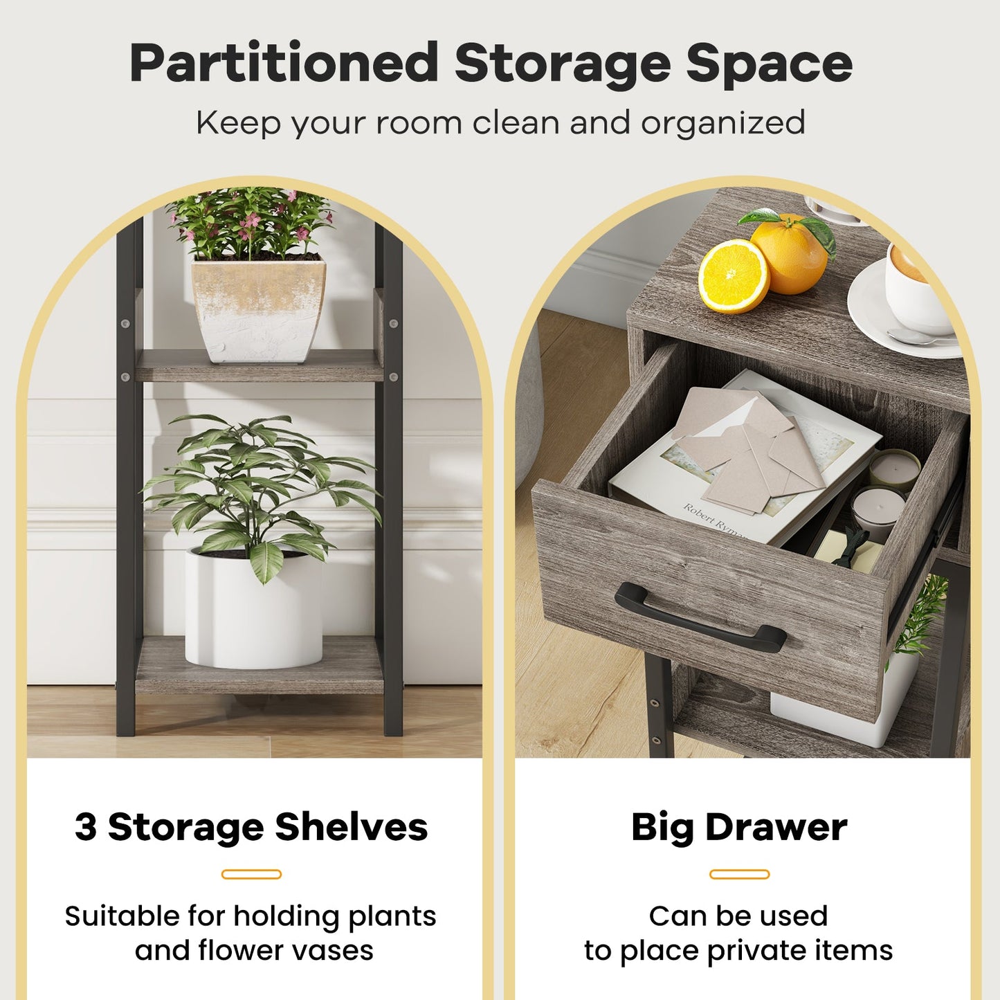 Soporte para Plantas Alto de 3 Niveles con Cajón y Dispositivos Antivuelco - Gris