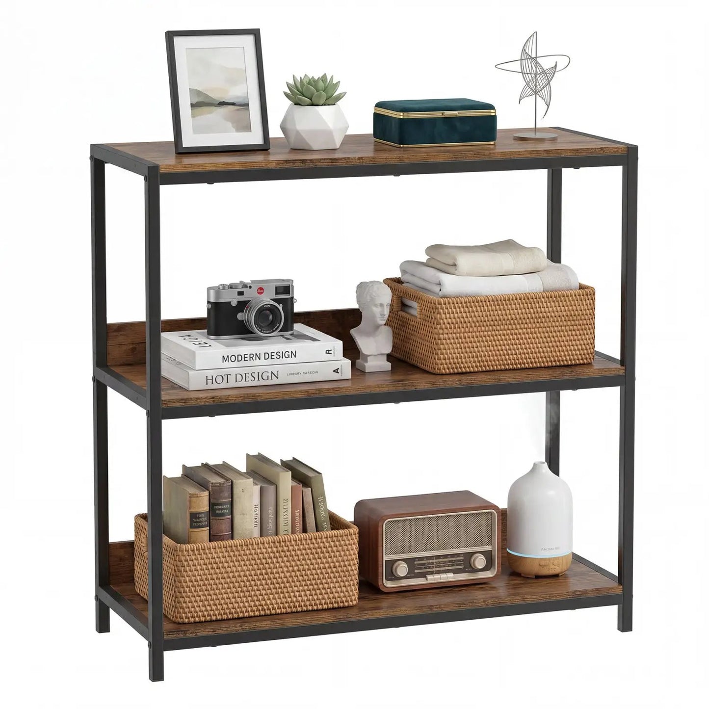 Three Tier Industrial Bookshelf with Metal Frame