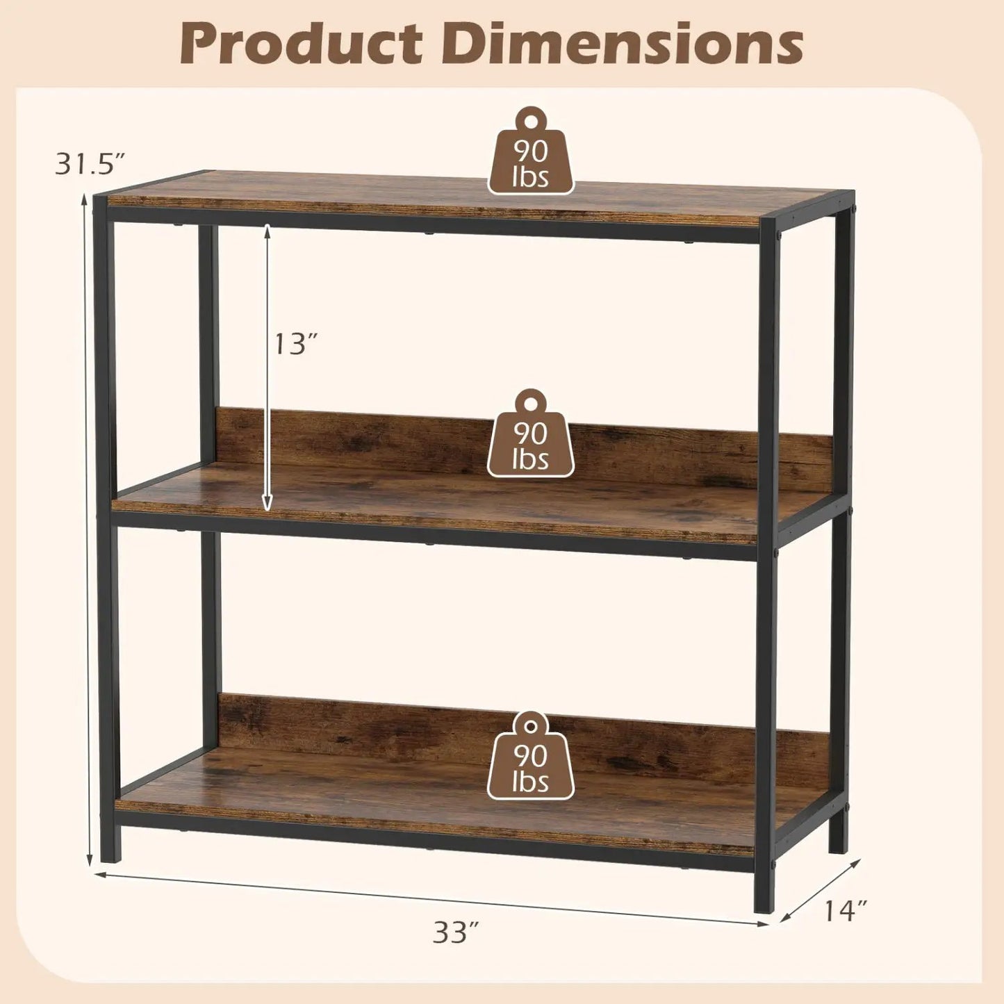 Three Tier Industrial Bookshelf with Metal Frame