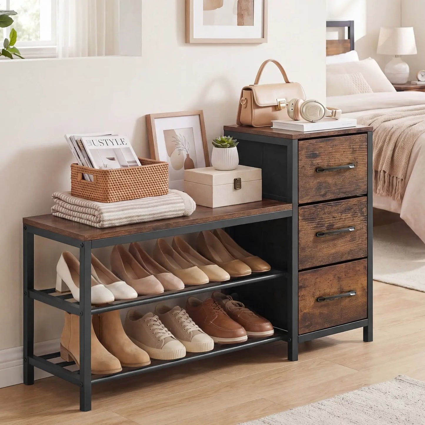 Three Tier Shoe Bench with Removable Drawers