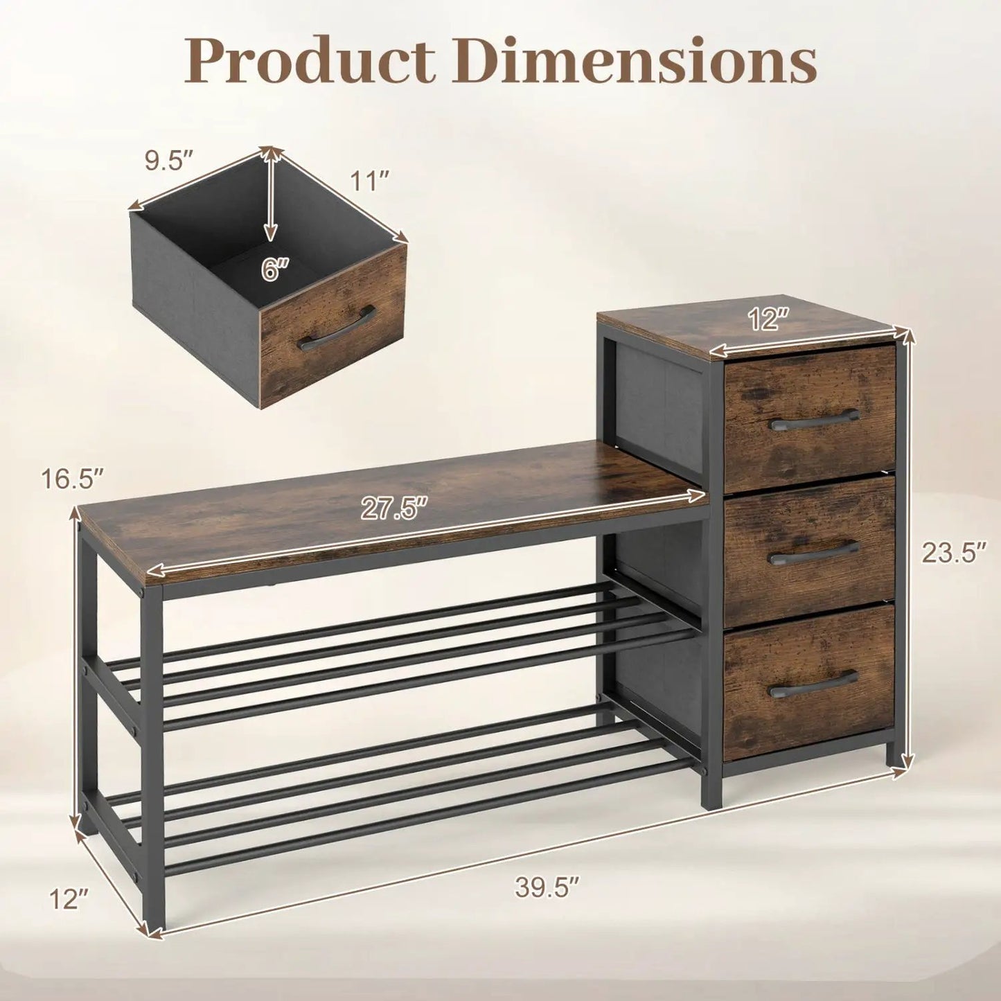 Three Tier Shoe Bench with Removable Drawers