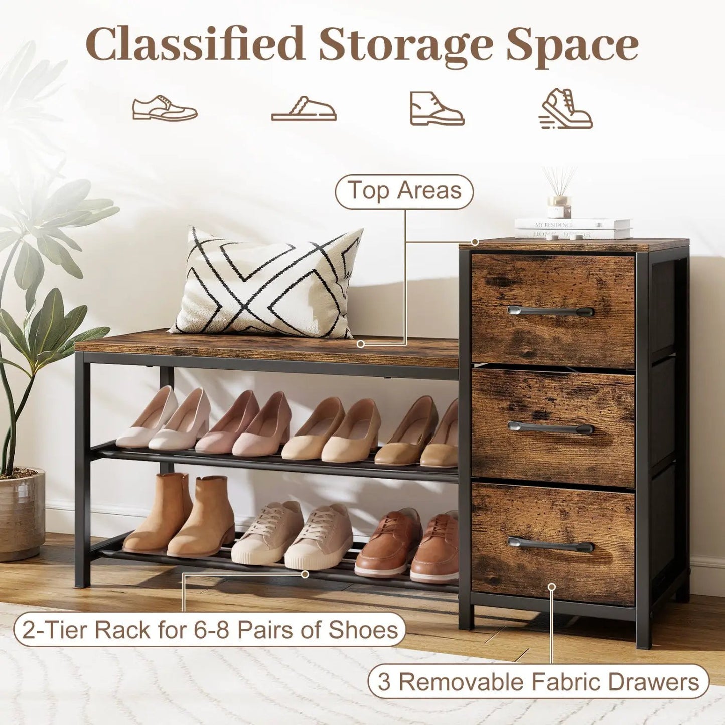 Three Tier Shoe Bench with Removable Drawers