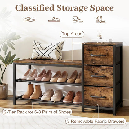 Three Tier Shoe Bench with Removable Drawers