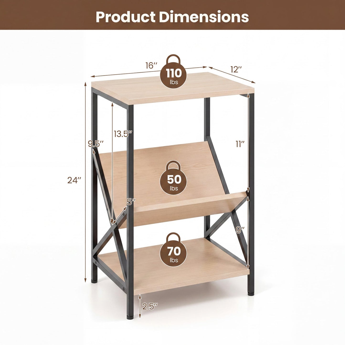 3-Tier Industrial Side Table with Bookshelf